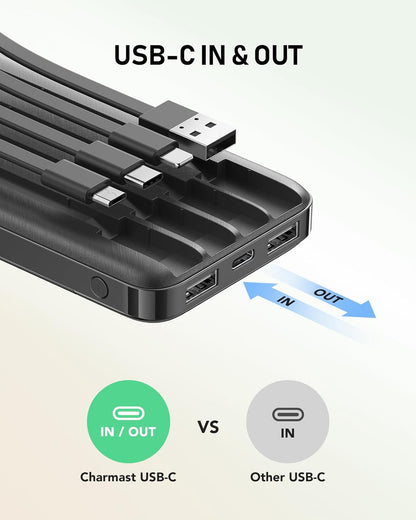 10000Mah Portable Charger with Built in Cables, 22.5W Travel Essential Power Bank Fast Charging, USB C Battery Pack for Iphone 17/16/15/14/13/12/11 Series, Ipad, Samsung, Android, Tablet