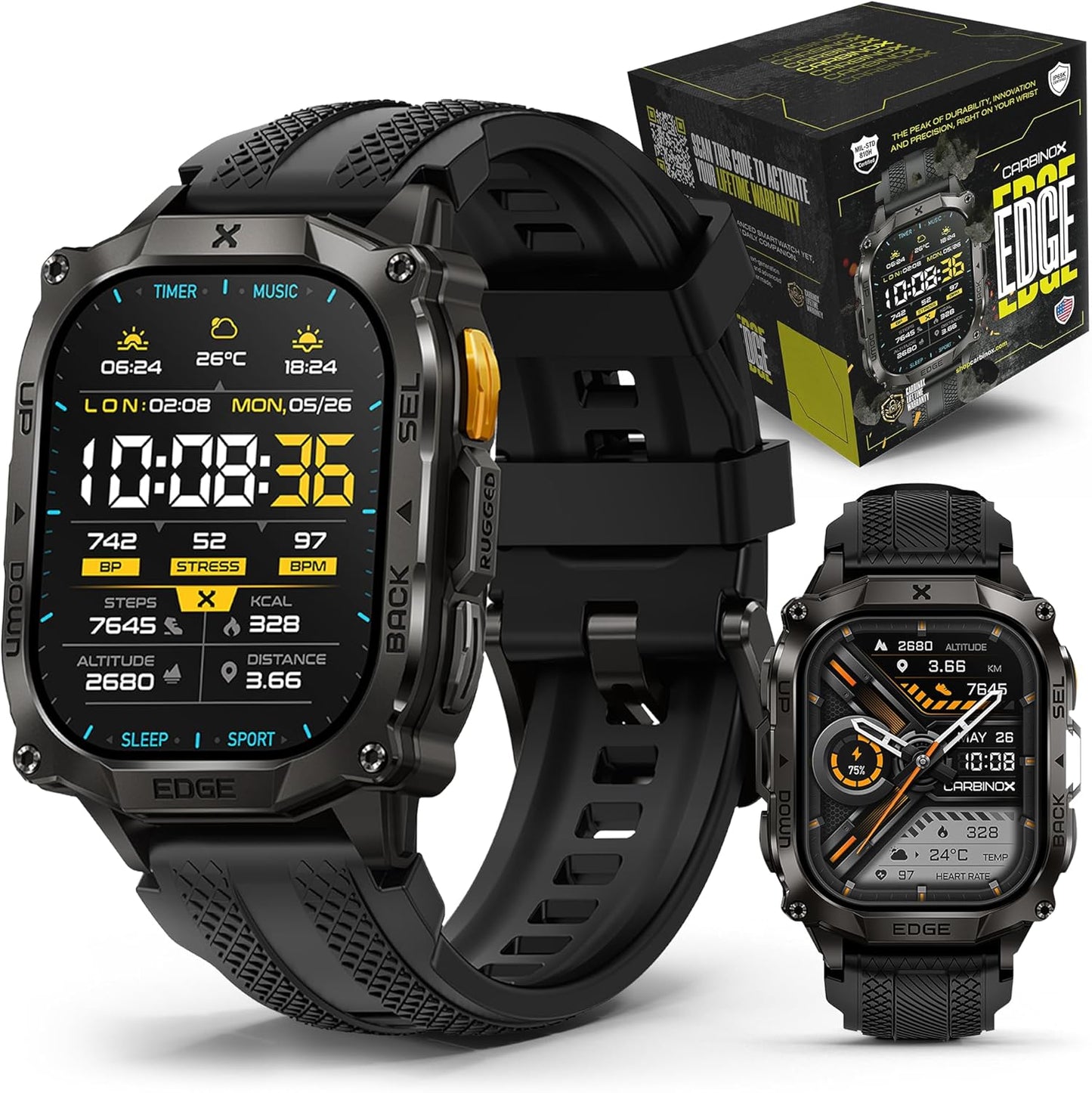 Edge Smart Watch Rugged, 1.96″ AMOLED, Stainless Steel, IP69K/5ATM Fitness Trackers, Dual-Band GNSS, 500Mah, Bluetooth Calls, Smart Watch for Android Phones Ios (Black)