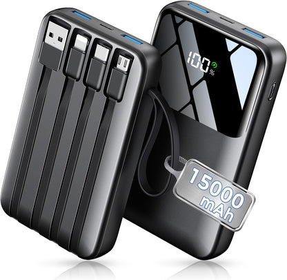 Power Bank, 15000Mah Portable Charger with Built in Cable, 22.5W Fast Charging,