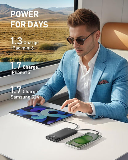 10000Mah Portable Charger with Built in Cables, 22.5W Travel Essential Power Bank Fast Charging, USB C Battery Pack for Iphone 17/16/15/14/13/12/11 Series, Ipad, Samsung, Android, Tablet
