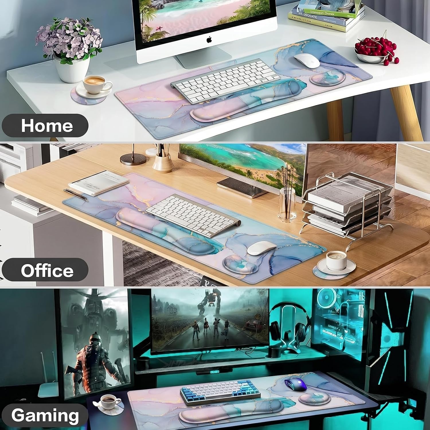 Desk Mat, Extended Mouse Pad with Wrist Rest, 4-In-1 Large Mouse Pads for Desk, Keyboard Pad and Keyboard Wrist Rest Gaming Keyboard Mat for Office, Home