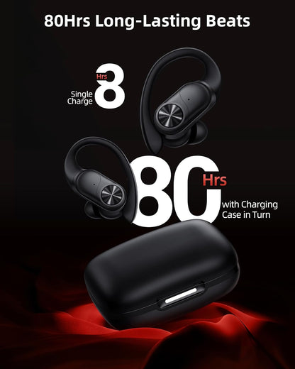 Bluetooth Headphones Wireless Earbuds 80Hrs Playtime Wireless Charging Case Digital Display Sports Ear Buds with Earhook Deep Bass IPX7 Waterproof Over-Ear Earphones for TV Phone Laptop Black