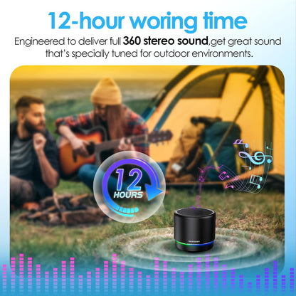 Portable Bluetooth Speaker 5.4, Mini Speaker, 12H Battery Life & Noise Reduction Mic, Metal Cover, TWS Pairing, Wireless Speaker with RGB Lights for Home/Travel/Outdoor by Music Lovers-Black