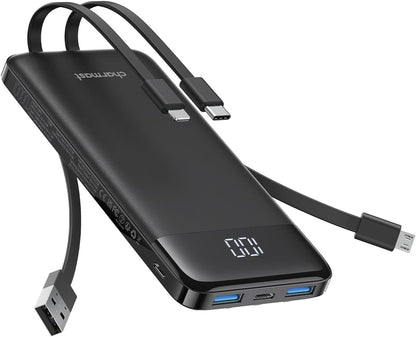 10000Mah Portable Charger with Built in Cables, 22.5W Travel Essential Power Bank Fast Charging, USB C Battery Pack for Iphone 17/16/15/14/13/12/11 Series, Ipad, Samsung, Android, Tablet