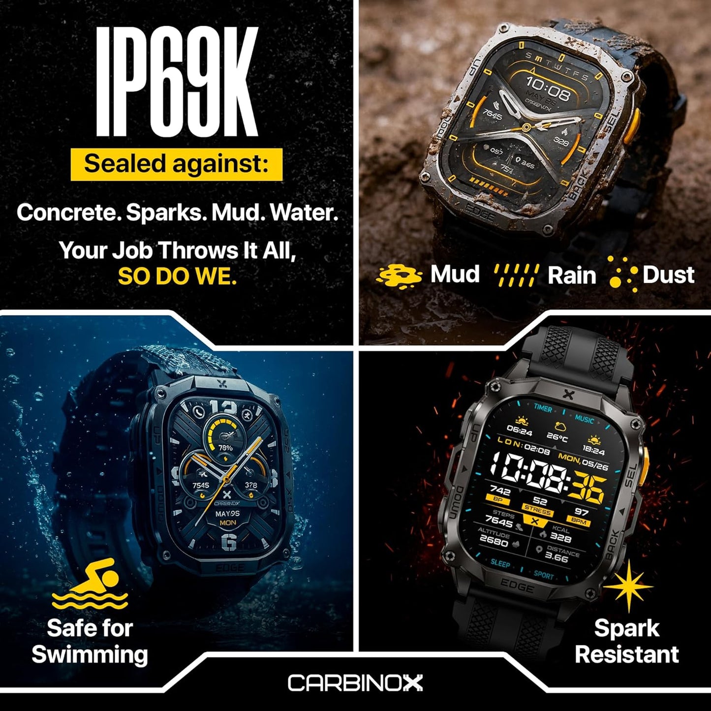 Edge Smart Watch Rugged, 1.96″ AMOLED, Stainless Steel, IP69K/5ATM Fitness Trackers, Dual-Band GNSS, 500Mah, Bluetooth Calls, Smart Watch for Android Phones Ios (Black)