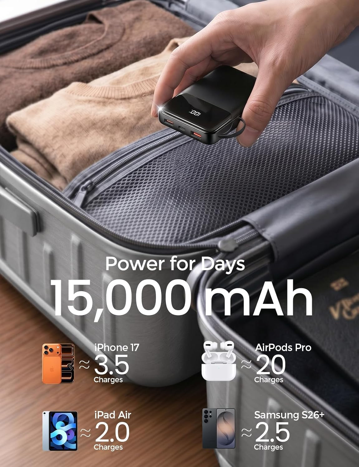 Power Bank, 15000Mah Portable Charger with Built in Cable, 22.5W Fast Charging,