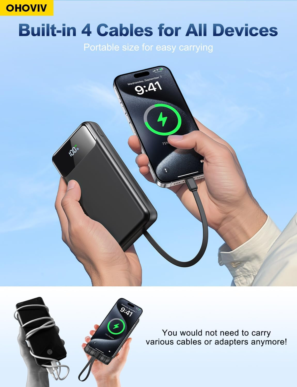 Portable Charger Power Bank 50000Mah Battery Pack, 22.5W Fast Charging Powerbank with Built in Cables,Travel Essential USB-C Portable Phone Charger for Iphone Samsung Pixel Android Ipad