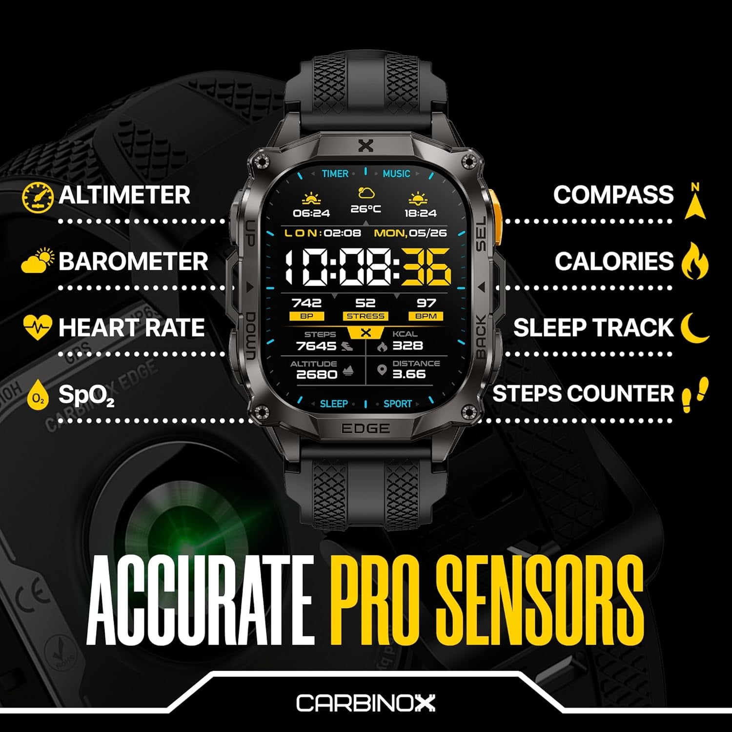 Edge Smart Watch Rugged, 1.96″ AMOLED, Stainless Steel, IP69K/5ATM Fitness Trackers, Dual-Band GNSS, 500Mah, Bluetooth Calls, Smart Watch for Android Phones Ios (Black)