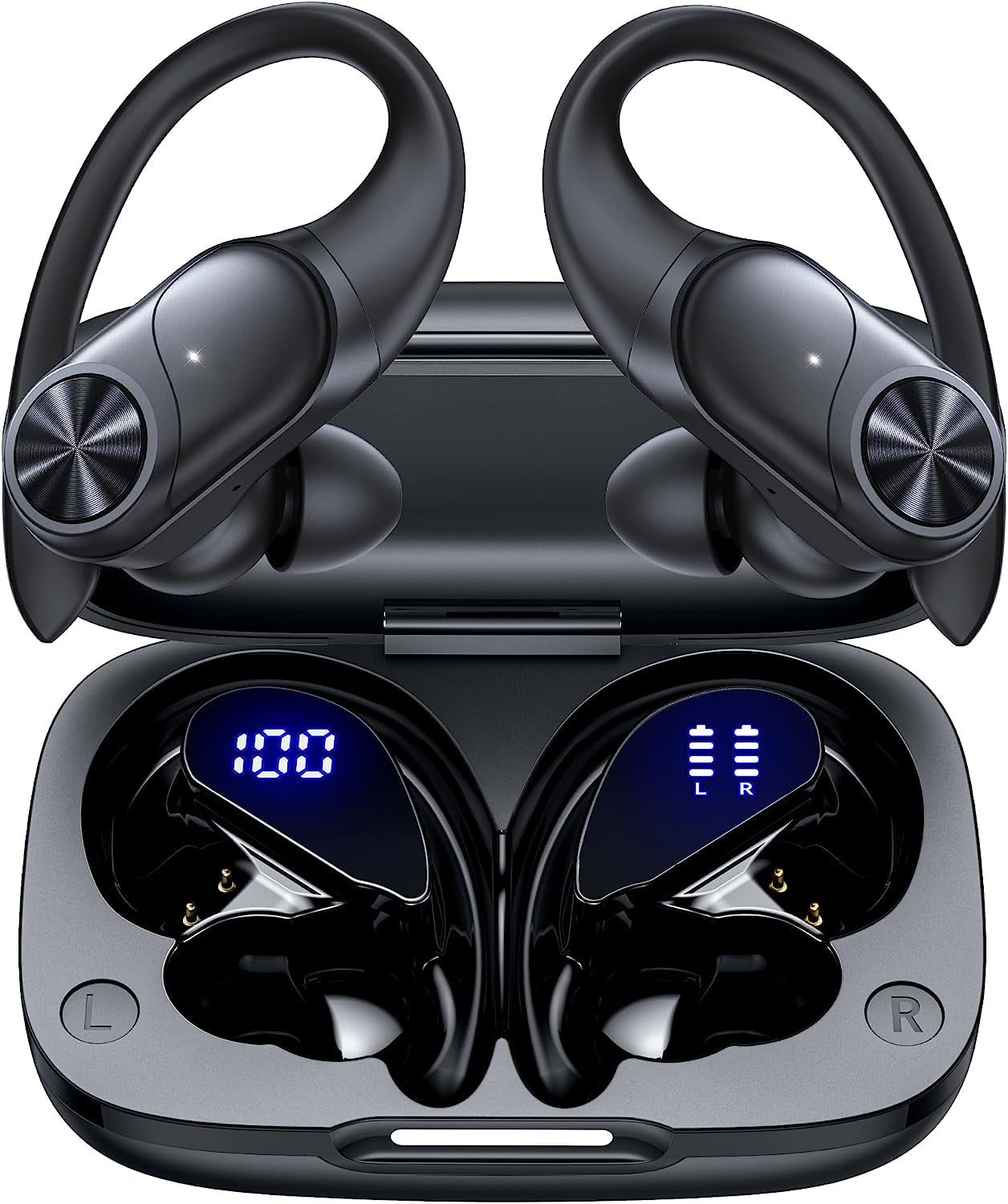 Bluetooth Headphones Wireless Earbuds 80Hrs Playtime Wireless Charging Case Digital Display Sports Ear Buds with Earhook Deep Bass IPX7 Waterproof Over-Ear Earphones for TV Phone Laptop Black