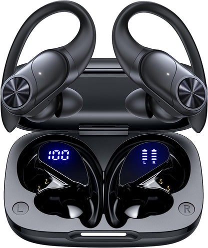 Bluetooth Headphones Wireless Earbuds 80Hrs Playtime Wireless Charging Case Digital Display Sports Ear Buds with Earhook Deep Bass IPX7 Waterproof Over-Ear Earphones for TV Phone Laptop Black