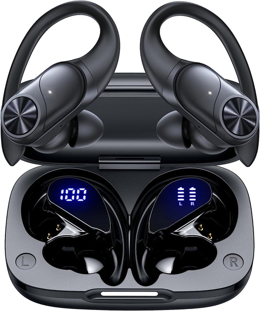 Bluetooth Headphones Wireless Earbuds 80Hrs Playtime Wireless Charging Case Digital Display Sports Ear Buds with Earhook Deep Bass IPX7 Waterproof Over-Ear Earphones for TV Phone Laptop Black
