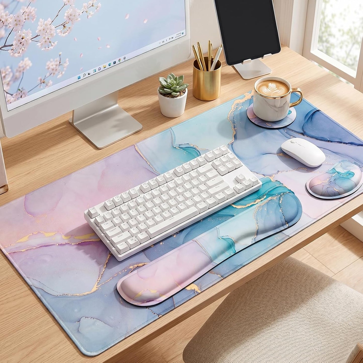 Desk Mat, Extended Mouse Pad with Wrist Rest, 4-In-1 Large Mouse Pads for Desk, Keyboard Pad and Keyboard Wrist Rest Gaming Keyboard Mat for Office, Home