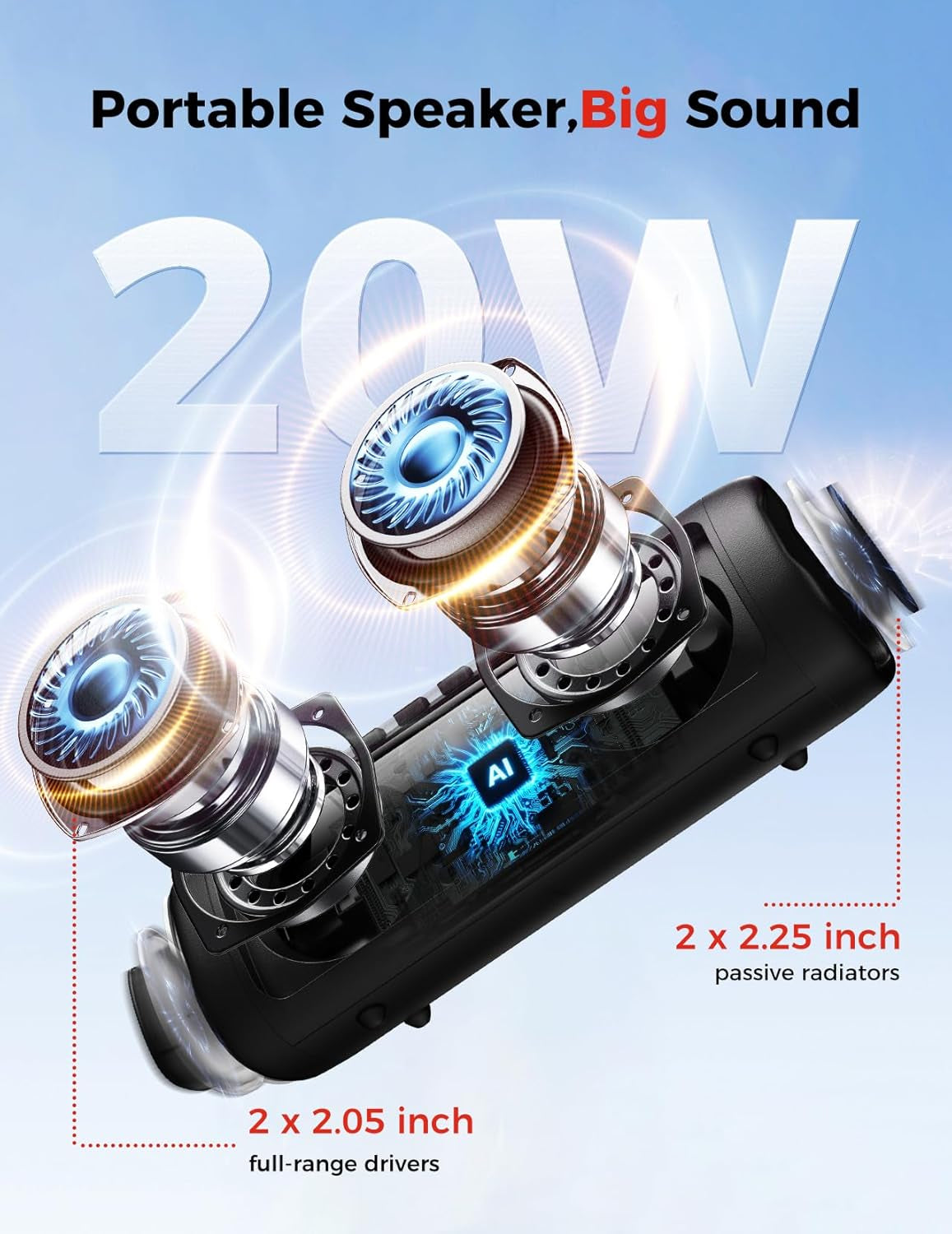 Bluetooth Speaker, 20W HD Sound, Portable Wireless, IPX5 Waterproof, up to 24H P